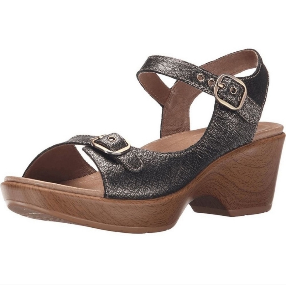 Dansko Joanie Metallic Pewter Leather Ankle Strap Buckle Platform‎ Sandals 42